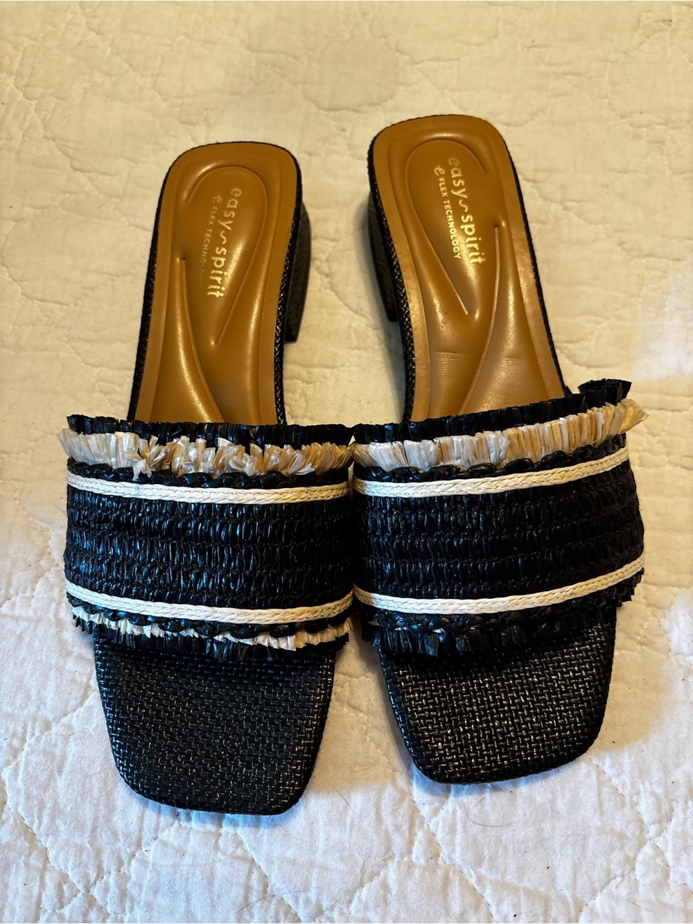 Easy Spirit Black Raffia Slide Mules with Natural Trim